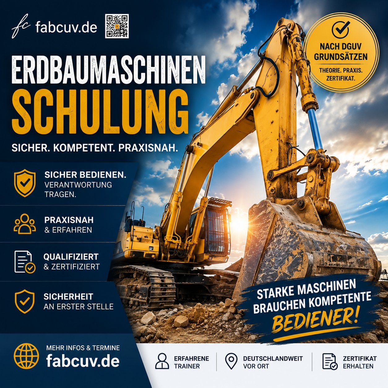 Erdbaumaschinen Schulung nach DGUV – Bagger, Radlader und Planierraupe sicher bedienen – fabcuv.de NRW